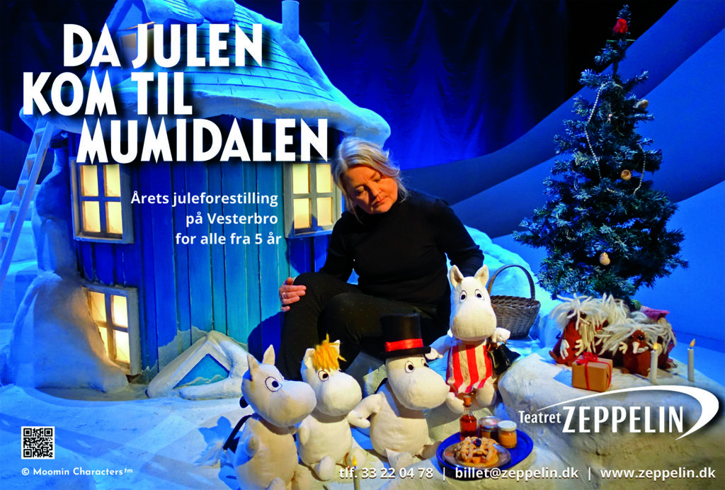 Annonce for Teatret Zeppelins forestilling Da julen kom til Mumidalen (foto og layout af Lasse Frank)
