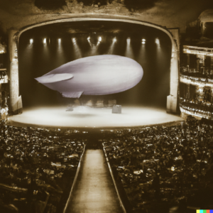 Billede af en zeppeliner på en teaterscene foran et stort publikum. Bileldet er skabt ved hjælp af kunstig intelligens.
