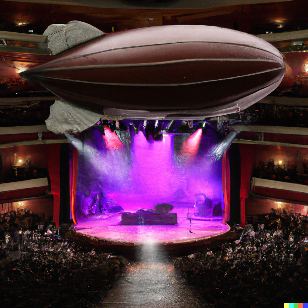 Billede af en zeppeliner på en farverig teatersal af den gammeldags slags med balkoner til publikum. Billedet er skabt ved hjælp af kunstig intelligens.